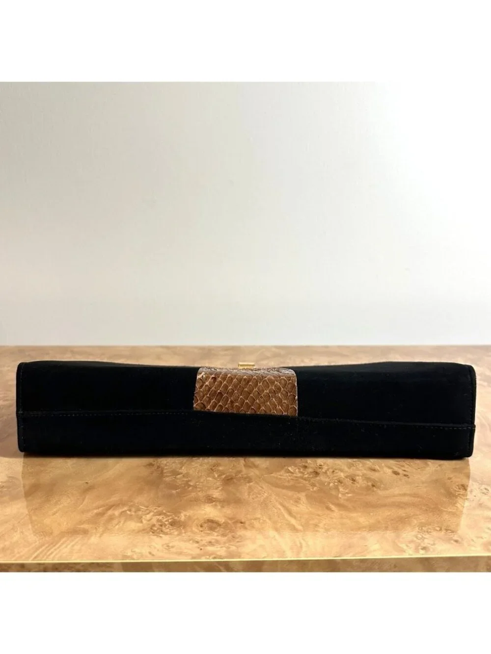 Vintage Town & Country Black Suede Clutch Python Snakeskin Trim Gold Frame MCM
